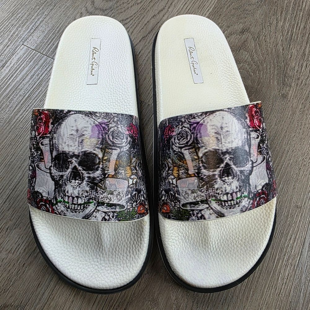 Robert Graham Whiterford Graphic Skull Leather Slides Size 9